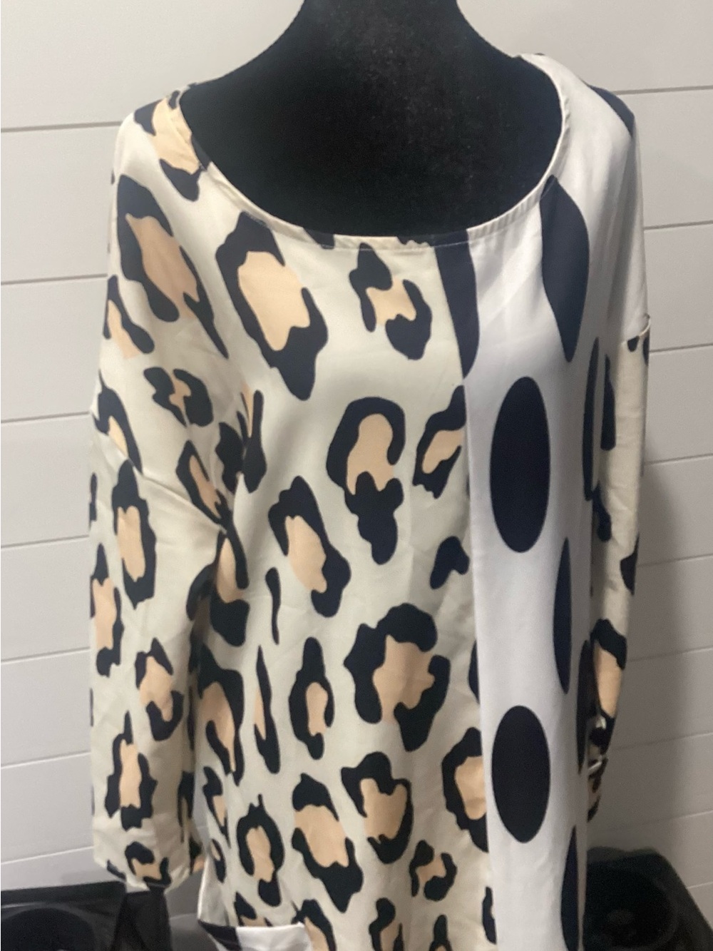 Women's Neutral Leopard & Dot Print Blouse - Beige/Black